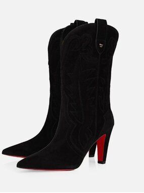 Christian Louboutin 85MM Black Suede Leather Santia Bootie Western Cowboy